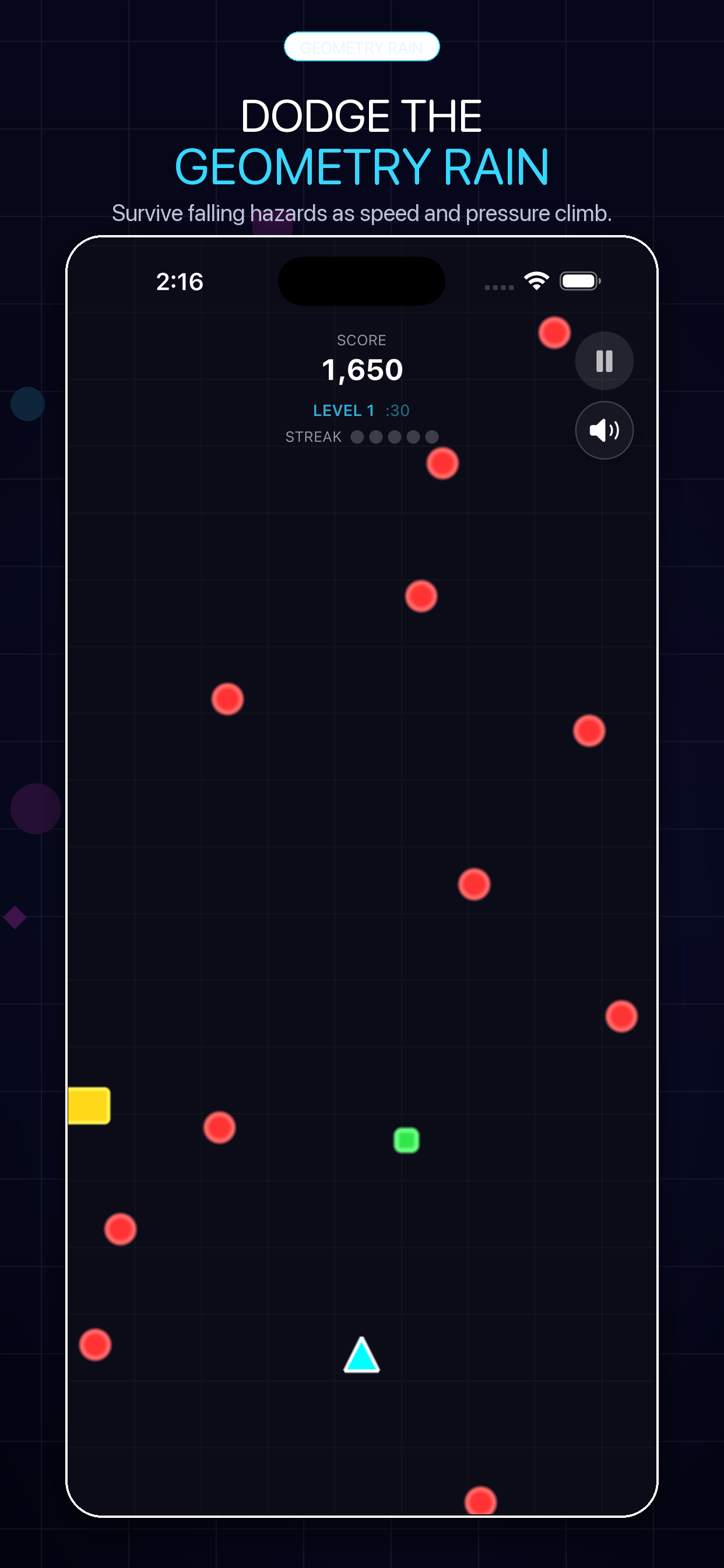 Geometry Rain gameplay with falling red hazards, a bonus square, and the player triangle