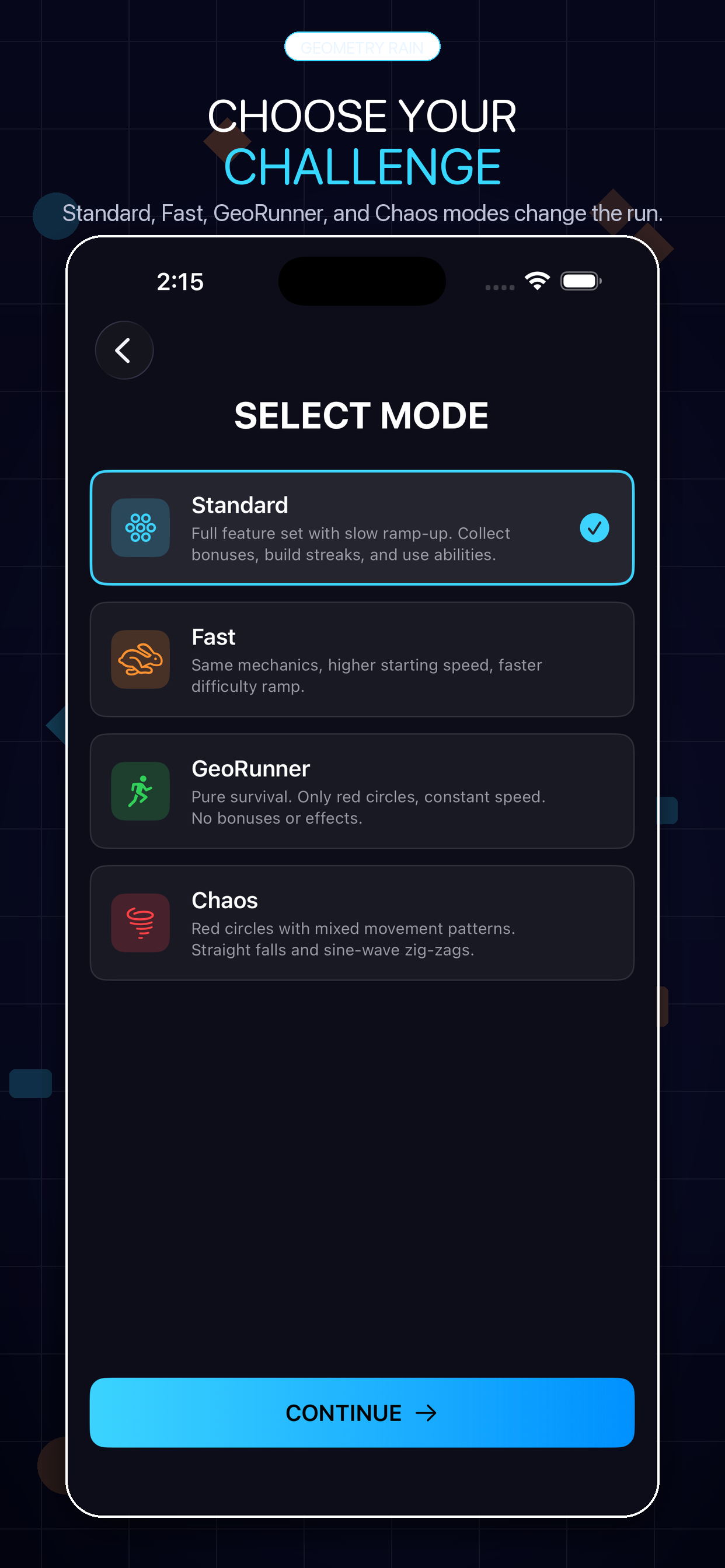 Geometry Rain mode selection screen showing Standard, Fast, GeoRunner, and Chaos