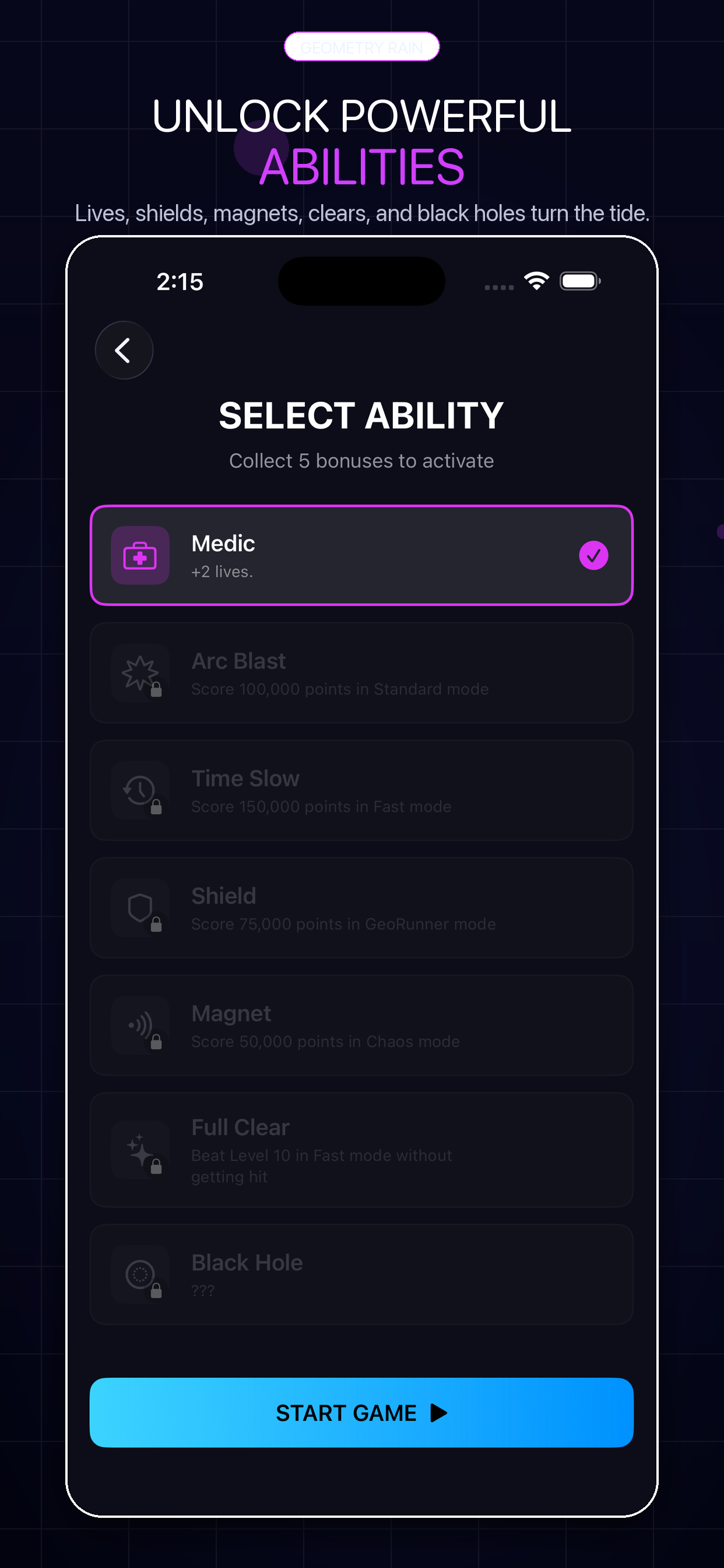 Geometry Rain ability selection screen with Medic selected and locked abilities below