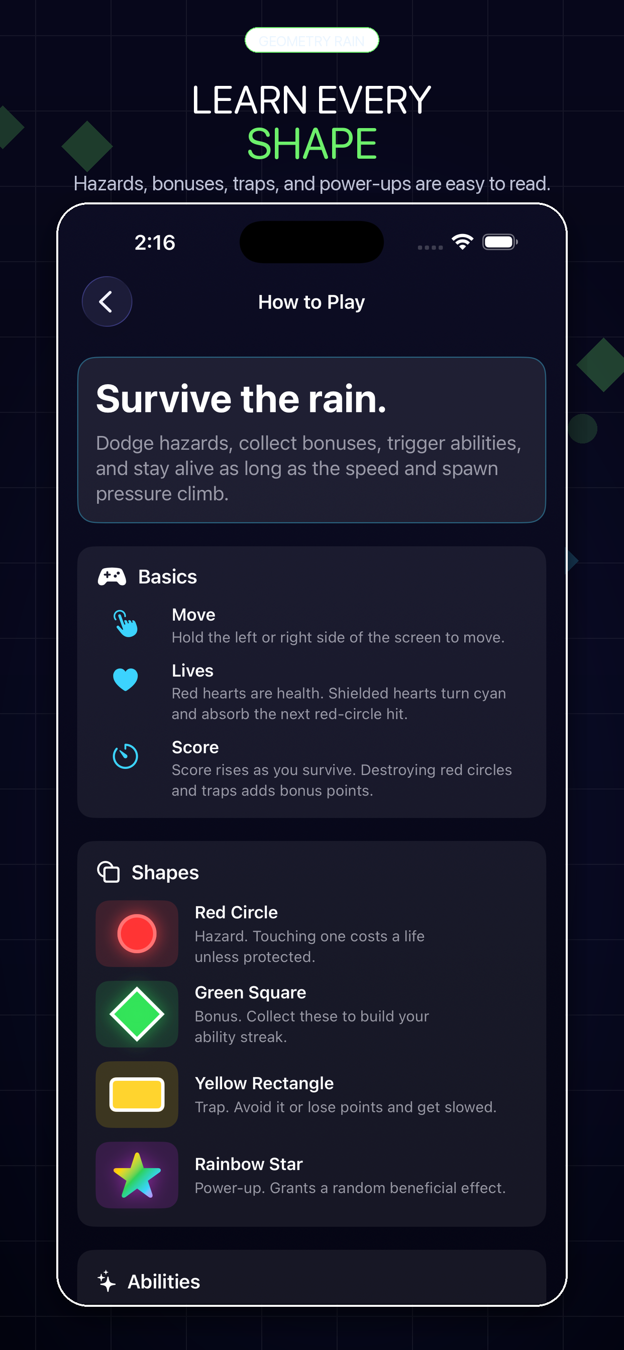 Geometry Rain how to play screen explaining red circles, green squares, yellow rectangles, and rainbow stars