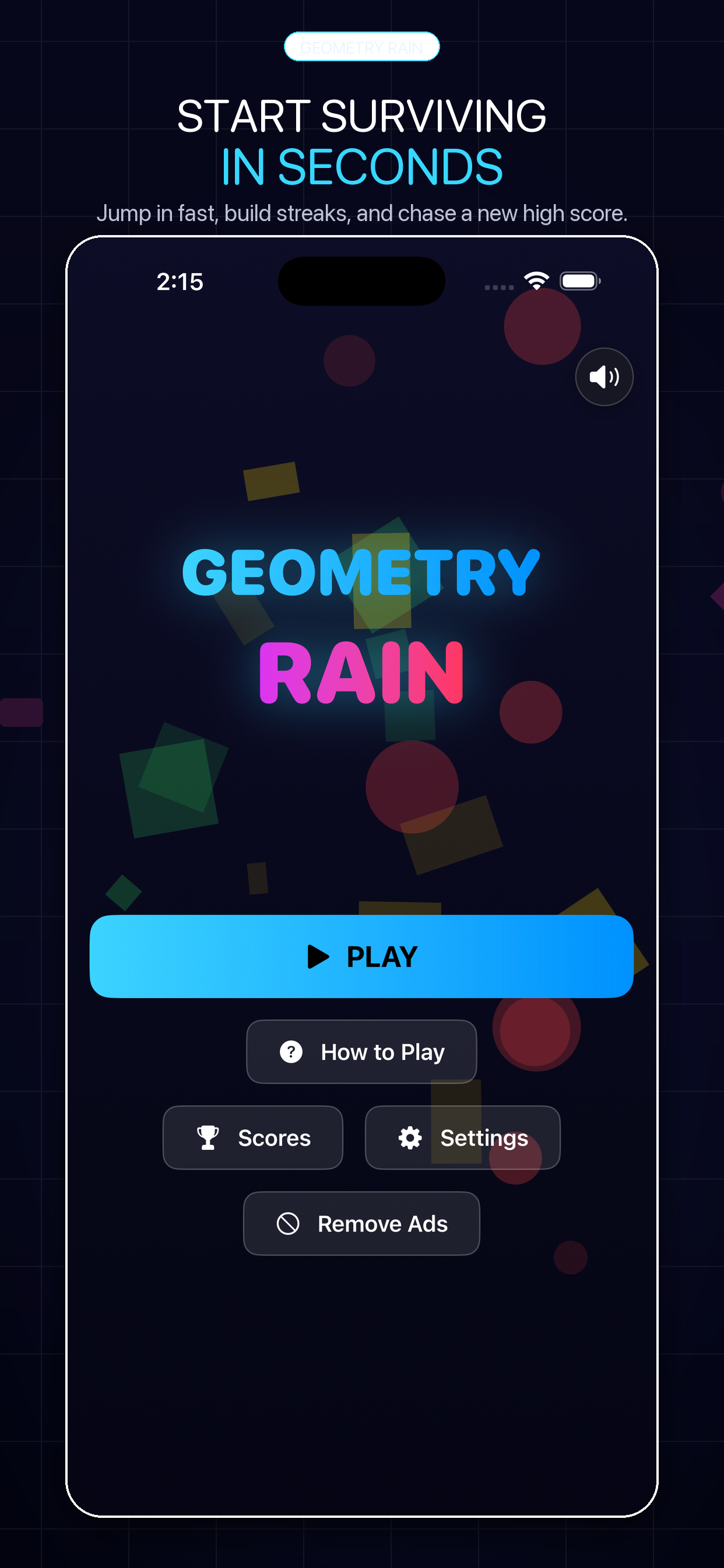 Geometry Rain main menu with play, how to play, scores, settings, and remove ads buttons